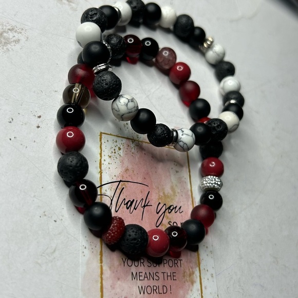 Black Lava, Howlite & Red Agate Bracelet Set - Picture 1 of 3